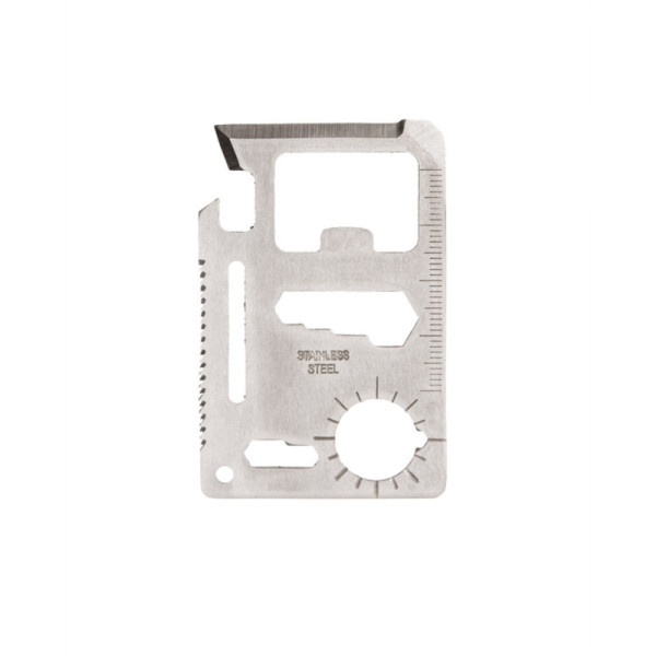 Survival multi-tool card: 11 essential tools in stainless steel, compact and customizable for all adventures.