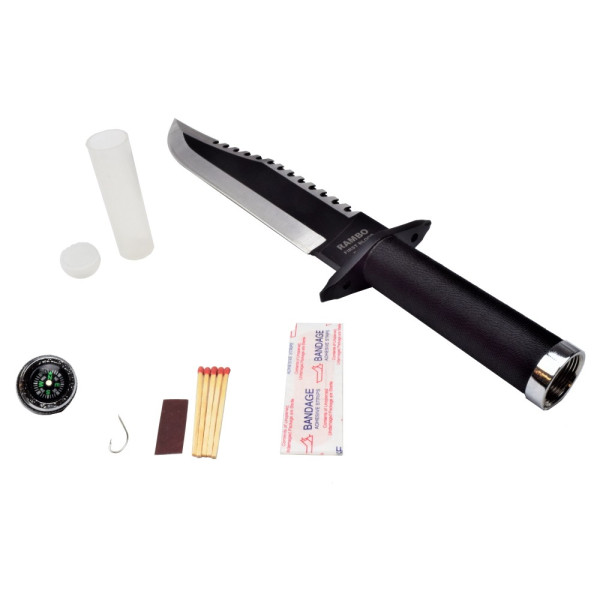 Image Couteau réplique Rambo II avec kit de survie dans le manche et étui en cuir - 16614 - Kodiak Store